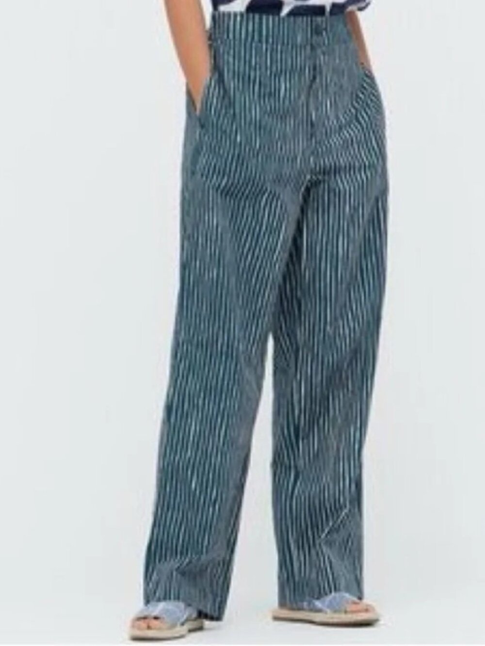 Marimekko X Uniqlo 2024 collaboration pants in green & white "Piccolo Stripe"